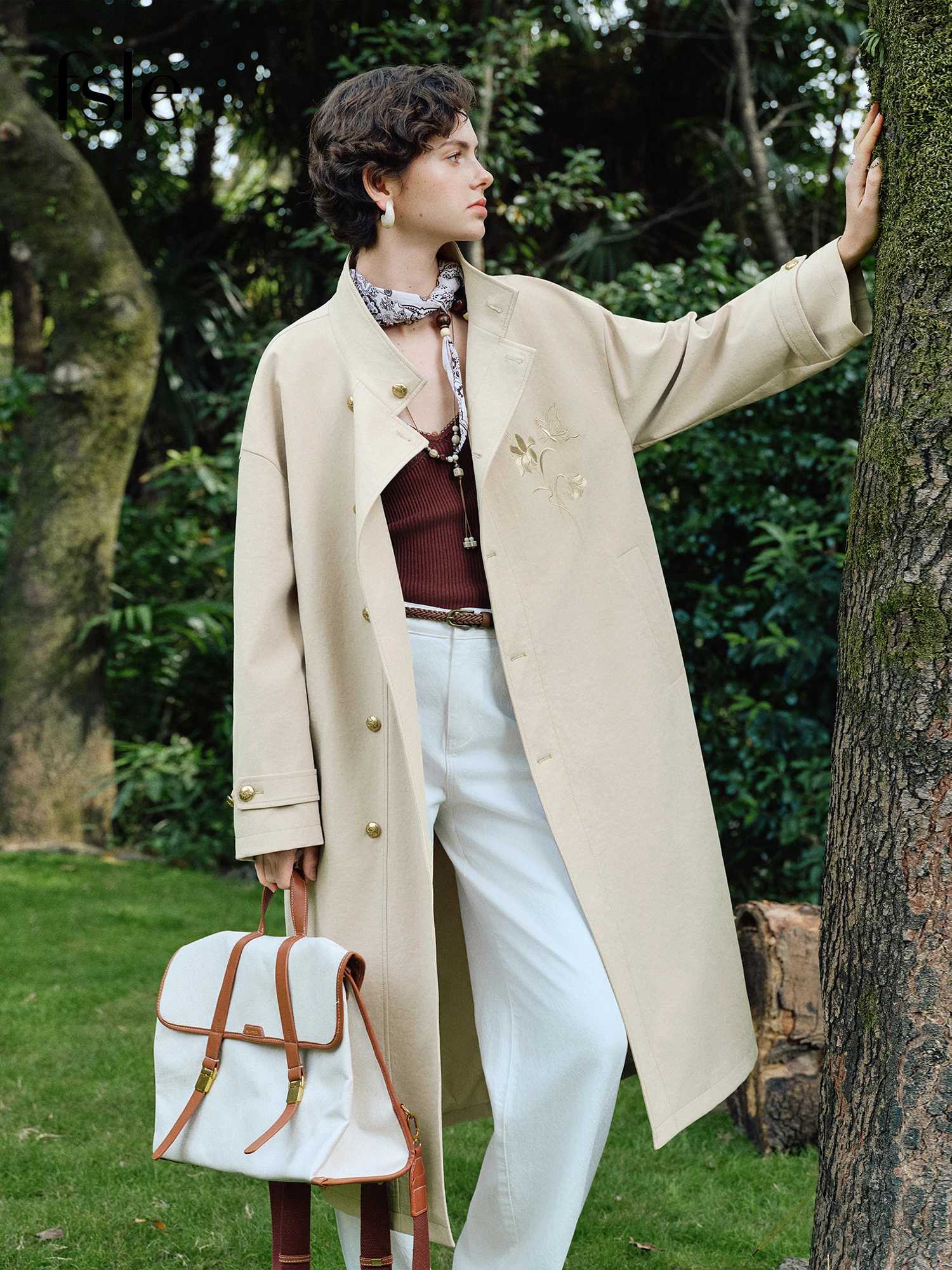 FSLE Chinese-style Embroidered Classic Stand-up Collar Trench Coat for Women Spring 2026 Long Khaki Coat Commuting M260922