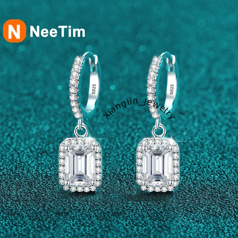 NeeTim 1ct 2ct Moissanite Earrings for Women 925 Silver with Gold Plated Lab Diamond Radiant Emerald Cut Sparkling Drop Earring