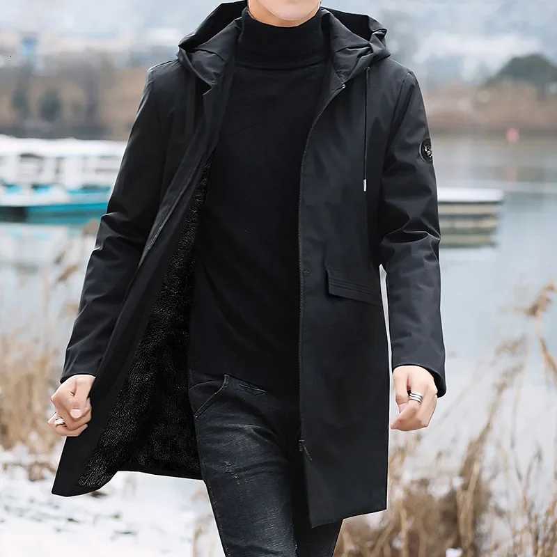 Down Parkas 2024 New Men's Plus Size Men's Winter Warm Jacket Fleece Parka Coat Black Hooded Windbreaker Outwear Fleec Jacket Long Parkas