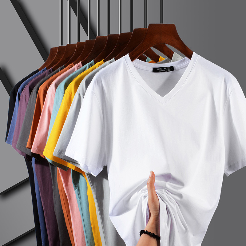 Summer V-neck Solid Color Short for Men, High Elasticity Half Sleeve Trendy Korean Style Crew Neck Thin Men's T-shirt