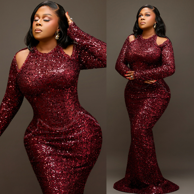 Plus Size Burgundy Mermaid Prom Dress 2026 Evening Dresses Formal Gowns Long Sleeves Pleated Beaded Lace Crystals Birthday Second Reception Gown AM3