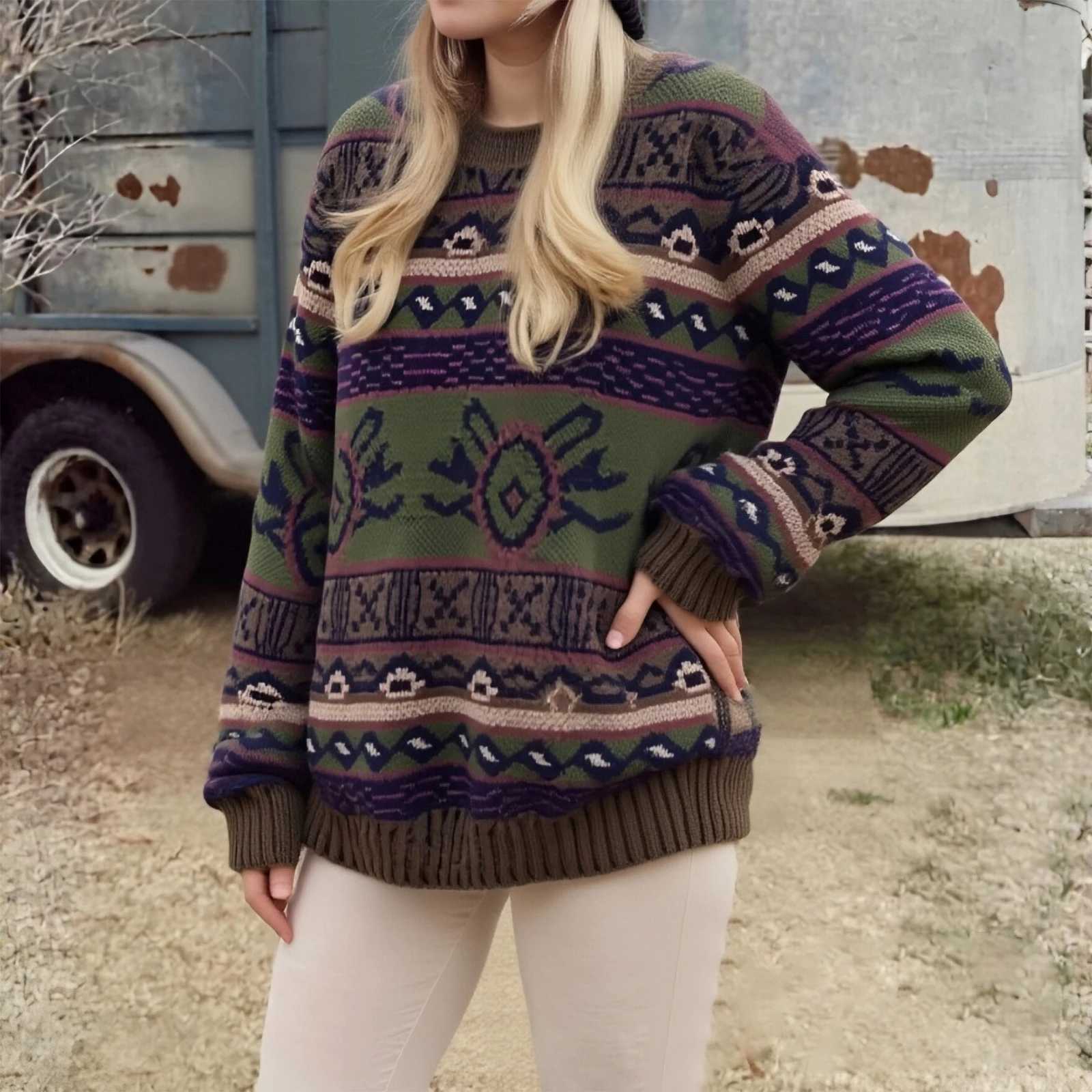 Women's Sweaters Oversized Knitwear Sweaters for Women Crewneck Long sleeve Striped Loose Fit Drop Shoulder Jumpers Y2k Emo Aesthetic Clothes D