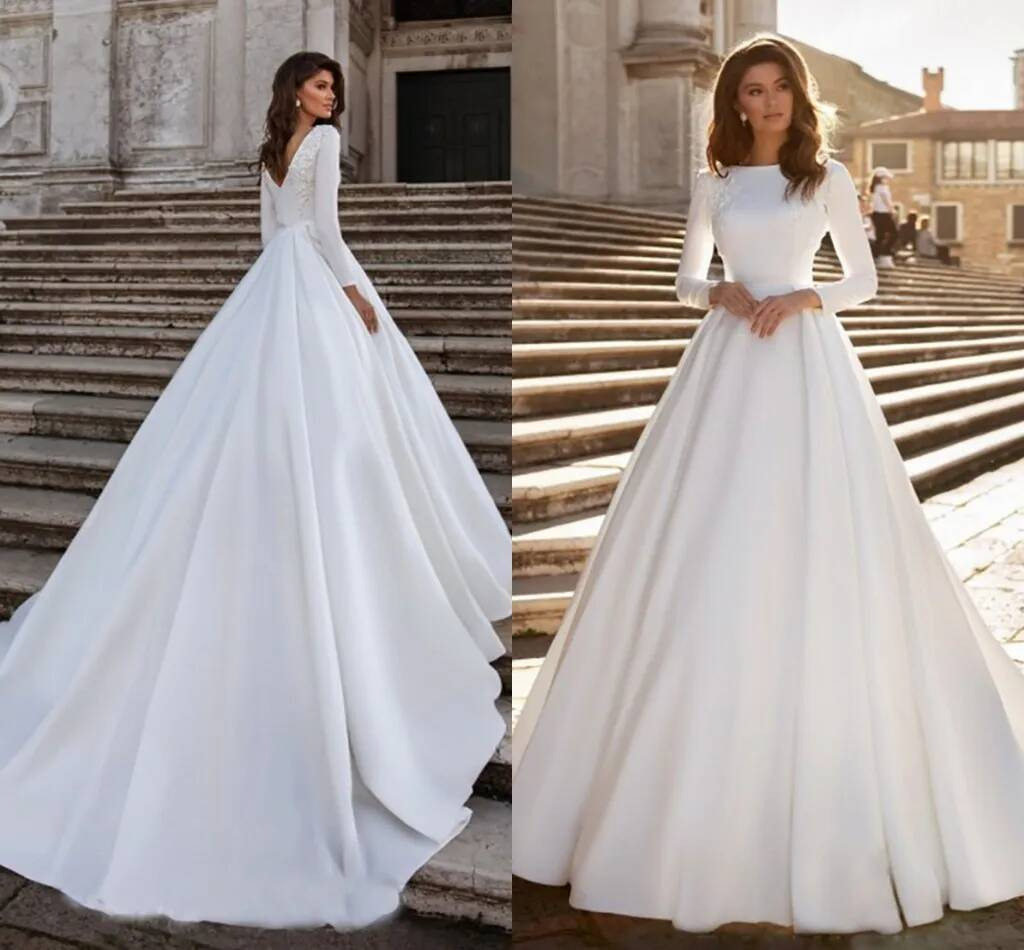 New A Line Wedding Dress Ivory Satin Elegant Long Sleeve Backless Lace Appliques Bride Gowns Abito Da Sposa Vestidos De Noiva