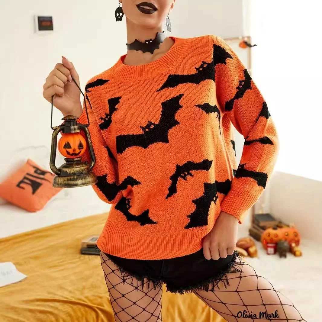 Women's Sweaters Halloween Knitted Sweater Long Flower Pattern Women's Loose Fit Pullover Top Polyester Fiber Thin Long Sleeve Winter Fash