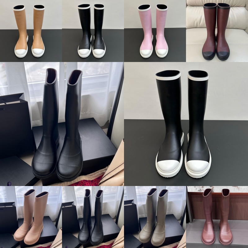 Women Rain Boots Brand Designer Bottes Square Toe Black White Olive Beige Burgundy Pink Rainboots Lady Thick Heel Sole Rubber Winter Casual Platform