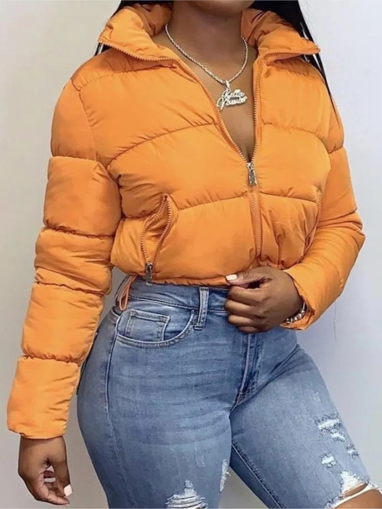 Fashion Solid Color Cotton Padded Jacket Women Winter Stand Collar Pocket Warm Short Cotton Jacket Coat Trendy Streetwear 260922