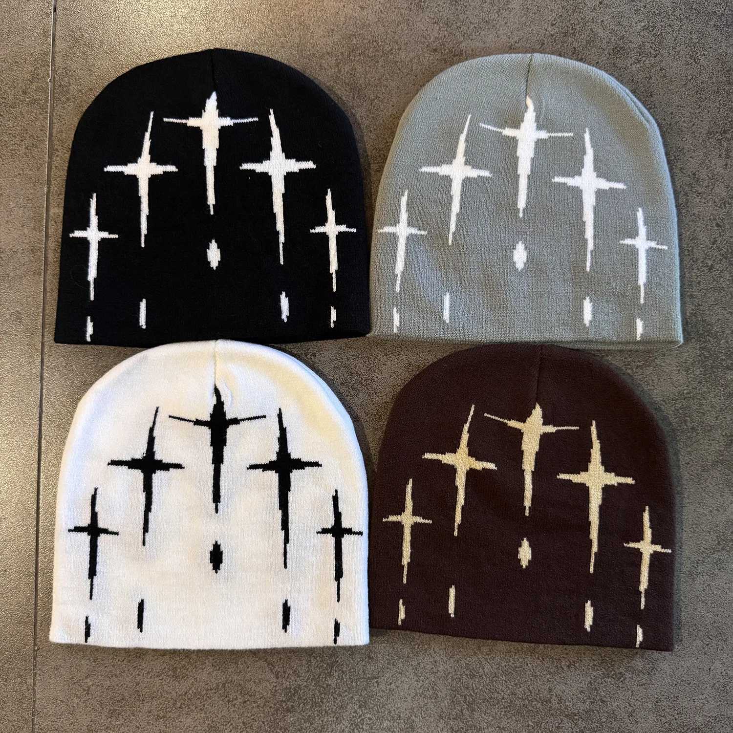 Cross Star Jacquard Knitted Beanies Hats Women Men Skullcap Spring Autumn Keep Warm Cold Hat Unisex Hiphop Gorras Windproof Hat Z260922