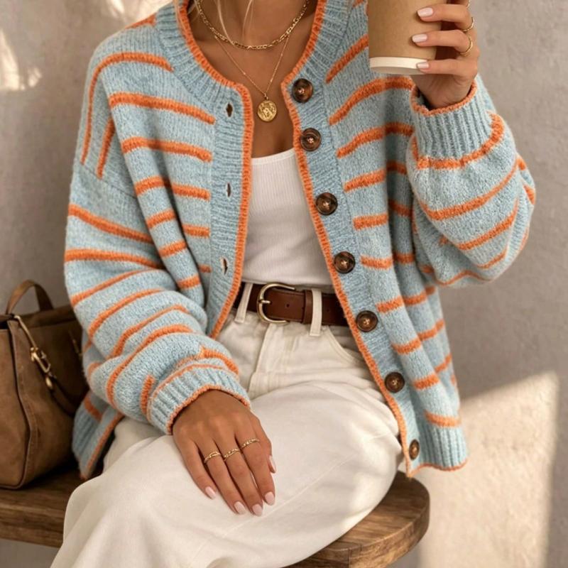 Style de concepteur de haute qualité femmes rayé tricot cardigan à manches longues col rond boutonné coupe ample automne hiver pull manteau décon