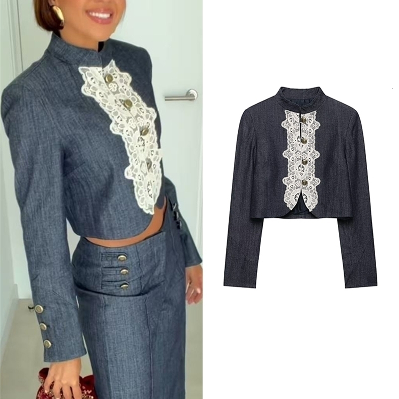 TFMLN 2026 Womens Lace Spliced Cropped Jacket Stand Collar Metal Button Long Sleeve Vintage Elegant Outerwear Fashion Female 260918