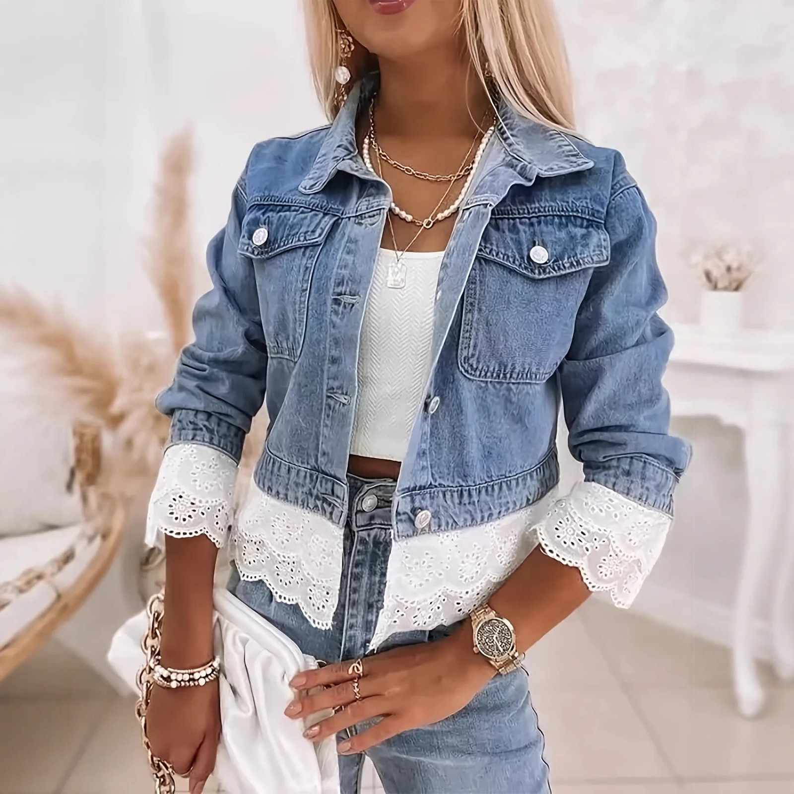 Giacca di jeans da donna con giunzione in pizzo Cappotti a maniche lunghe Giacche patchwork Cardigan monopetto Capispalla High Street Bottoni 260923