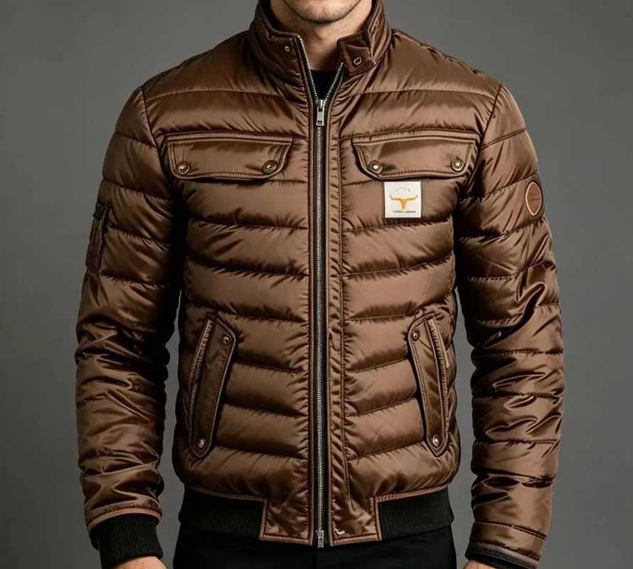 Men's Down Parkas Men Winter Quilted Bomber Jacket Faux Leather Spliced Stand Collar Windproof Warm Coat Male Vintage Cowboy Badge Casual Outer