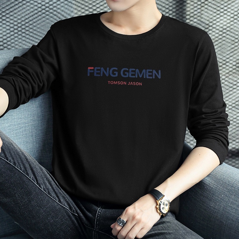 Men's cotton long-sleeved T-shirt, style, yellow, loose fit, suitable for teenagers, can be worn as an inner layer, round neck, spring and autu