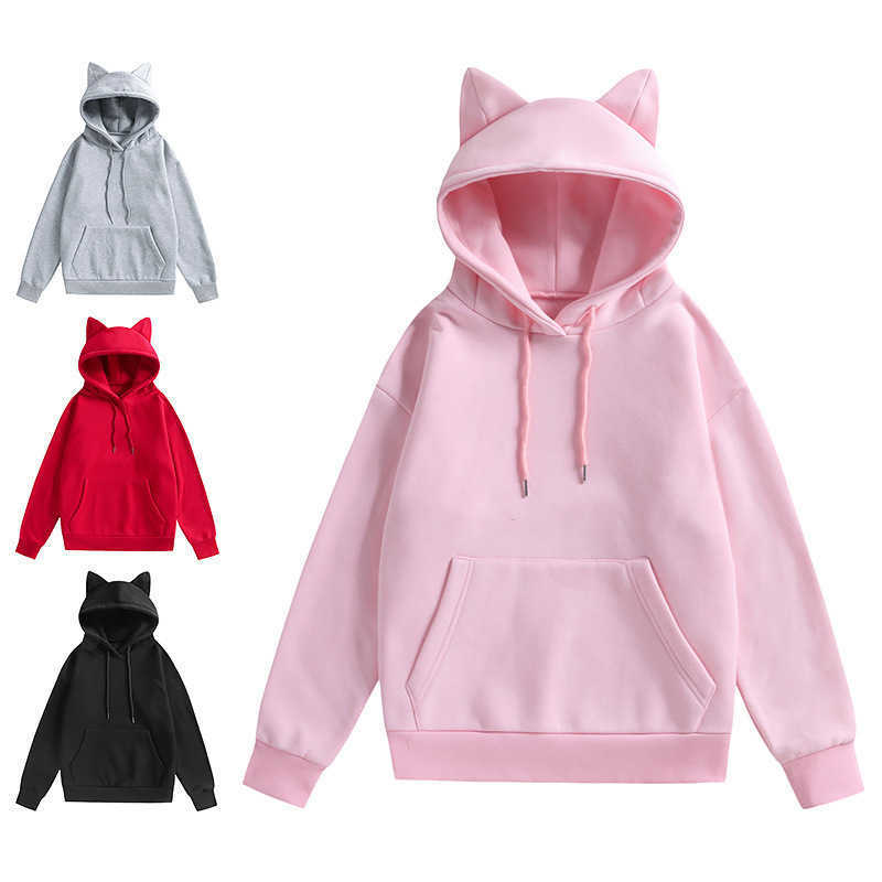 Cat Sweatshirts Women's Women's Hoodies Ear Design Hooded Sweatshirt Casual Fashion Spring Autumn New Style V-neck Female Clothing Hoodies