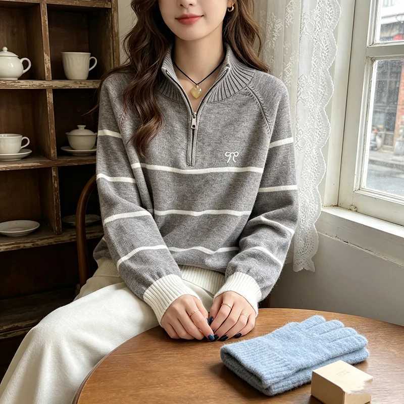 Women's Sweaters Trendy Striped Versatile Tops Embroidered Casual Sweater 2026 Autumn Winter Vintage Loose Lazy Fit Zip Knit Women Pullover H26