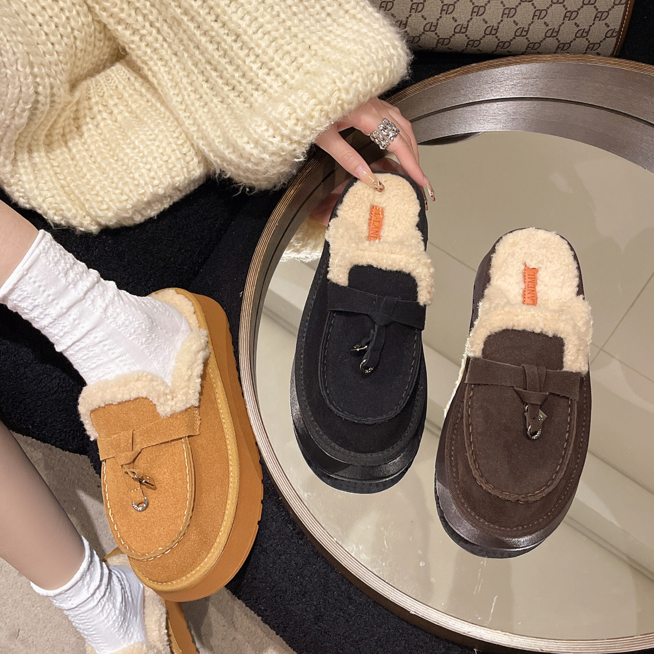 Hot Free shipping designer slippers for womens flat sandals black brown khaki winter stitched thick soled anti slip snow boots