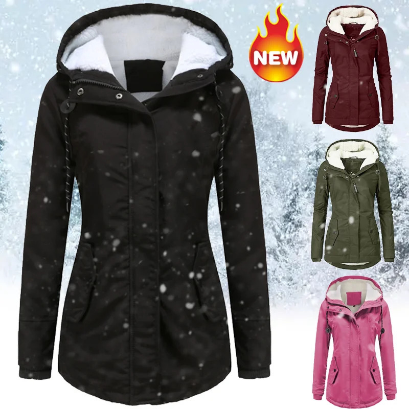 Winter Warm Coat Womens Solid Plush Thickened Jacket Outdoor Hiking Hooded Windproof Parka 260923