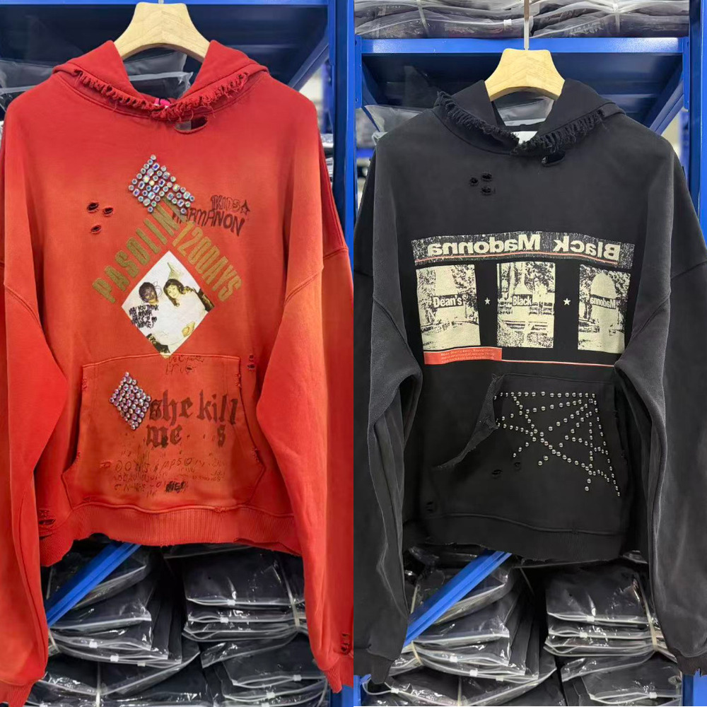 Designer Play Mens Hoodies washed distressed Hole vintage letter patchwork print hooded sweatshirt Oversized Streetwear cotton Tracksuit Play pullov