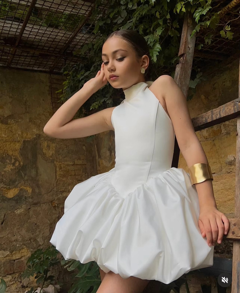 Princess White Halter Gala Satin Flower Girl Dresses Little Kids Birthday Ball Gowns Party Dress Short Dress for Wedding