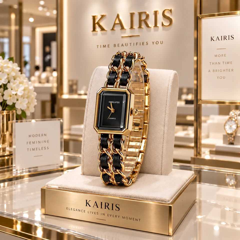 Women's Watches KAIRIS Women's Luxury Rectangle Quartz Watch Gold Tone Black Dial Chain Bracelet Wristwatch Elegant Fashion Watch for Ladi