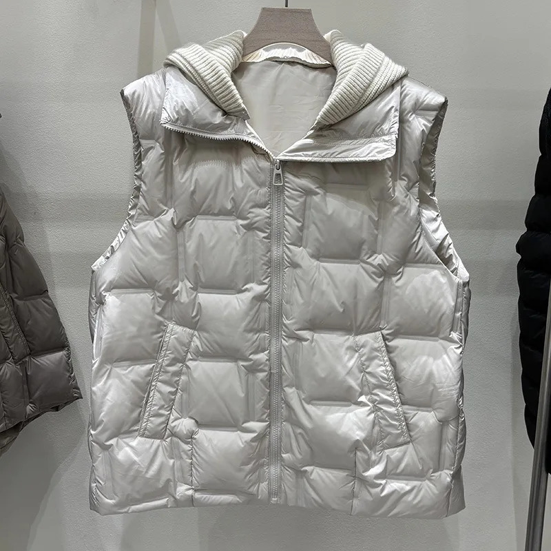2026 Knitted Splicing Hooded Down Vest Female Zipper Waistcoat Outwears Women White Duck Sleeveless Warm Tops 260923
