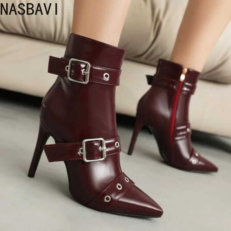 Designer NASBAVI Red British Boots Style FAshion High-heeled Short Boots Pointed Toe Belt Buckle Women's Boots High 10cm Size 34-48 J260922