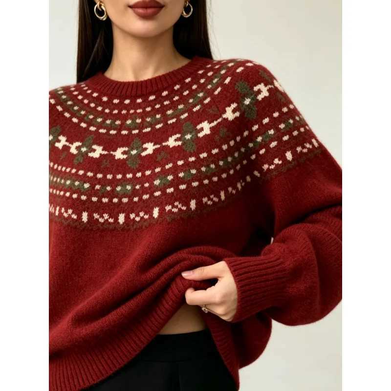 Women's Sweaters Vintage Fair Isle Neck Jacquard Women's Pullover Korean Sweet Knitted Sweater Autumn and Winter Fashion Casual Tops New D