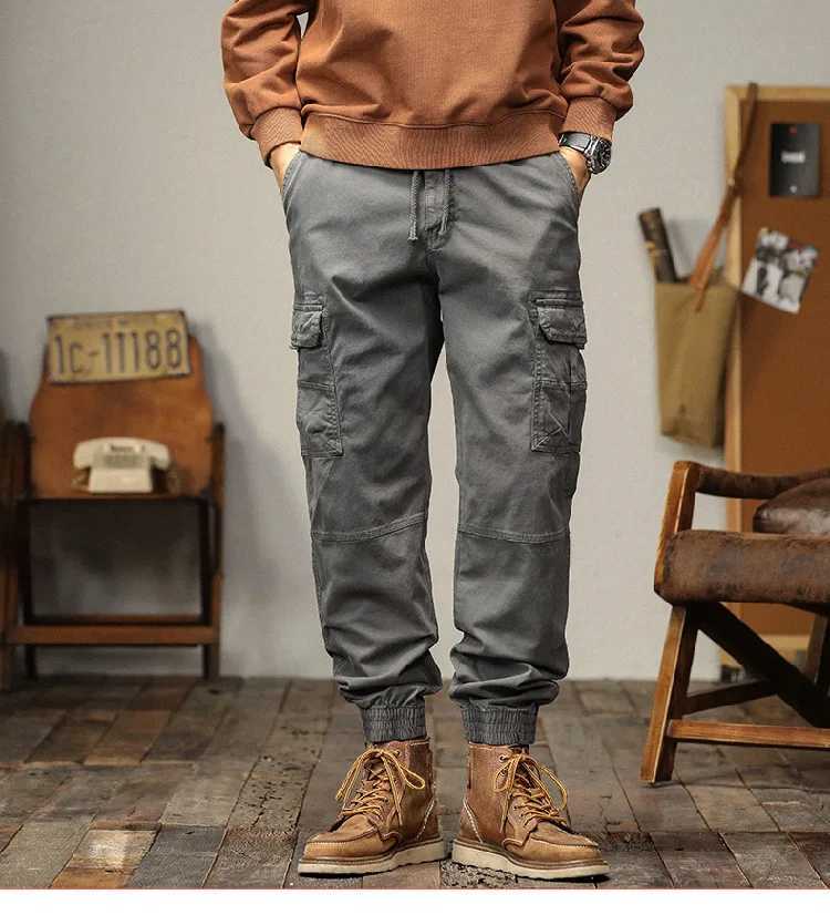 Pantalones cargo holgados para hombre, estilo jogger, de algodón puro, con múltiples bolsillos, informales, recortados, vintage, sarga de algodón S2