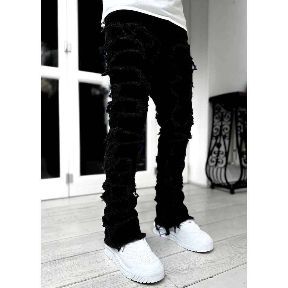 Men Jeans Fashion Streetwear Men's Regular Stacked Jeans Ripped Slim trousers Fit Patch Distressed Destroyed Straight Denim Pants 2026 S 3Xl De