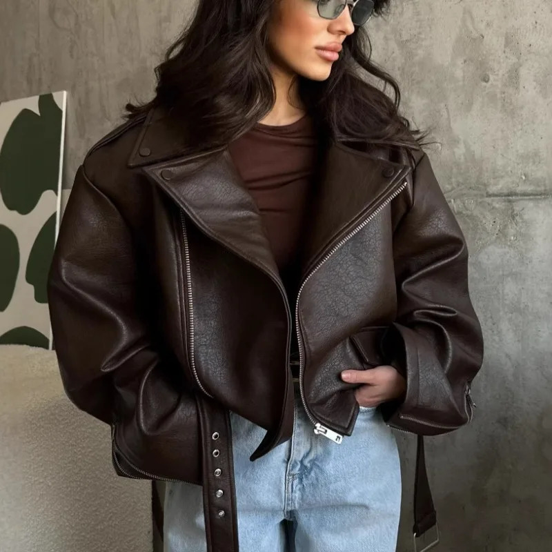 Elegant Vintage Brown Zipper Leather Short Jacket Women Chic Lapels Long Sleeved Belt Loose Coats Autumn Highstreet Women's Coat 260923