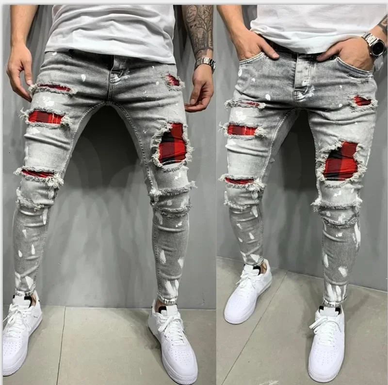 Jeans Pencil Pants Holes Distressed Men Streetwear Denims Patchwork Mid Waist Slim Fit Washed Denim Ankle Length Trousers 260921