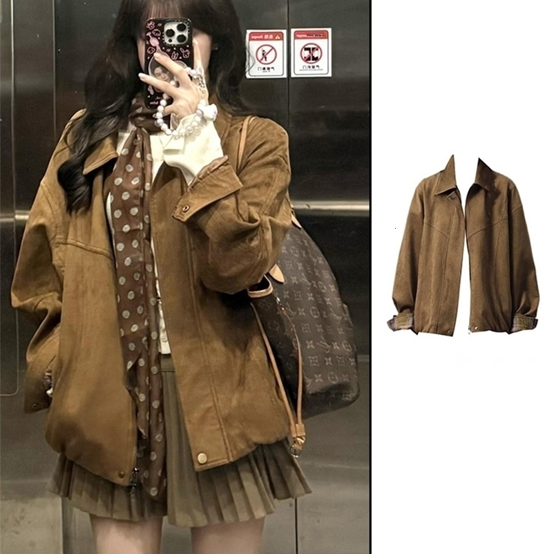 Retro Suede Jacket Women's Loose Fit Collarless Outerwear Autumn Winter Versatile Fashionable Short Size Clothing 260921