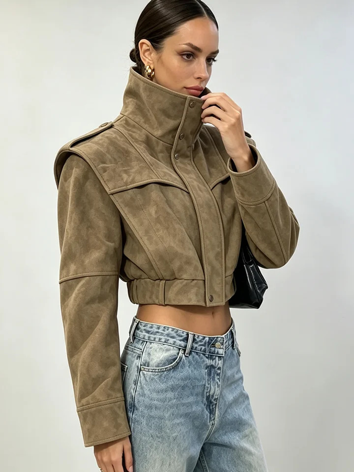 PUAL Women Suede Cropped Jacket High Neck Shoulder Pad Long Sleeve Pocket n Loose Casual Streetwear Ladies Short Outerwear 260922