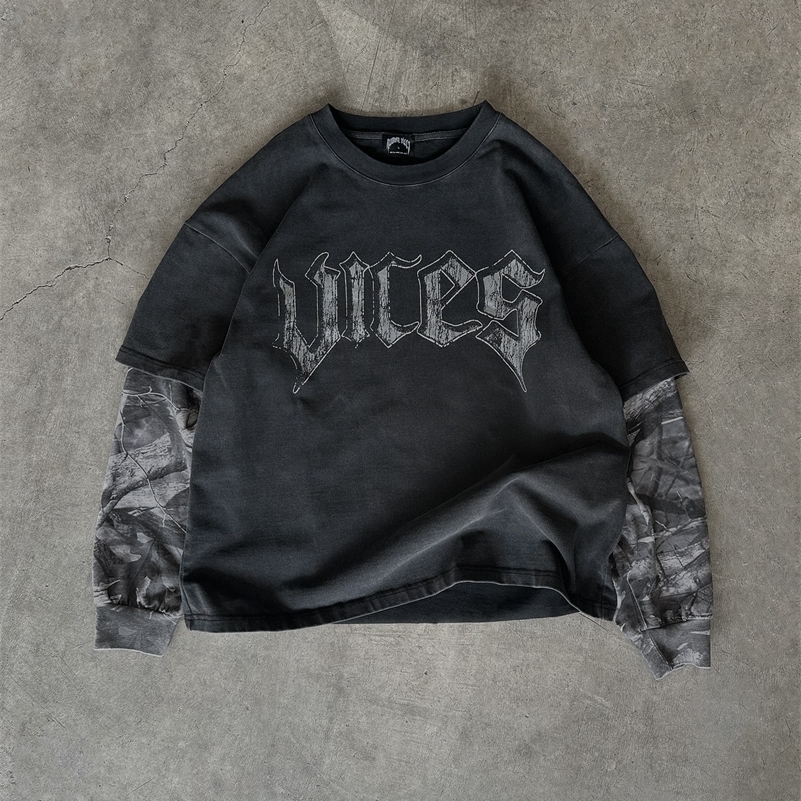 Y2k Gothic Hip Hop Letter Pattern Double Layer Long Sleeved Tops Graphic T Shirts Autumn Retro Men Sweatshirt Casual Streetwear 260922