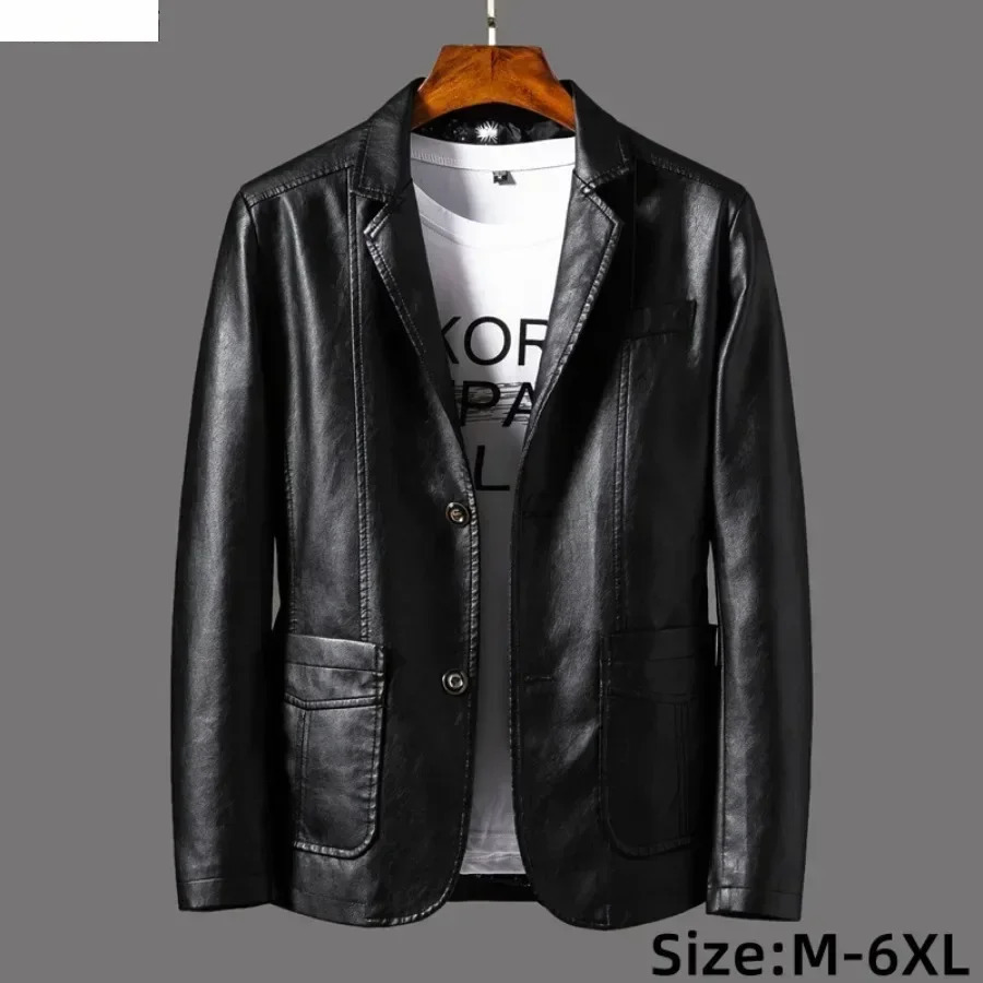 Leather Jacket Mens Business Casual Lapel PU Blazers Fashion Solid Slim Korean Style Coat Big Size 6XL 260922