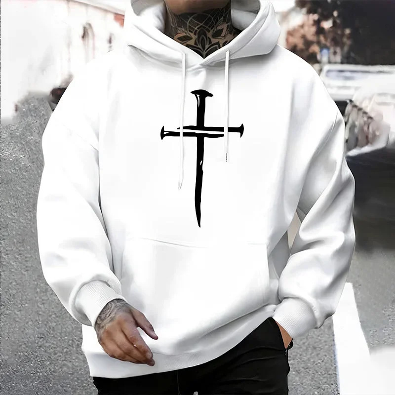 Cross Print Mens Casual Hoodies Urban Streetwear Fashion Hip Hop Hooded Sweatshirt Male Trendy Street Style Hoody 260922