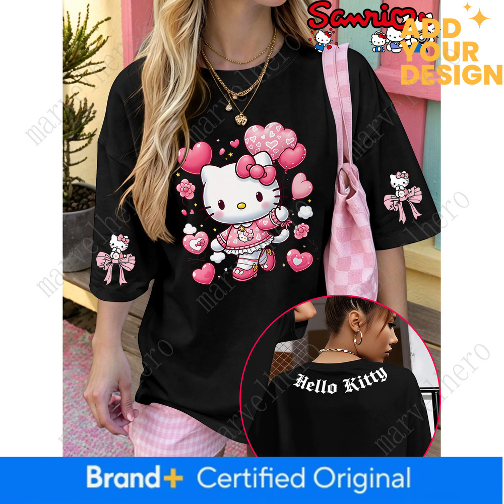 Sanrio Officially Licensed Cute Style Heart Balloon Hello Kitty Printed Summer Women S T Shirt Flesh Covering Crew Neck Short Sleeve Plus Size Top B