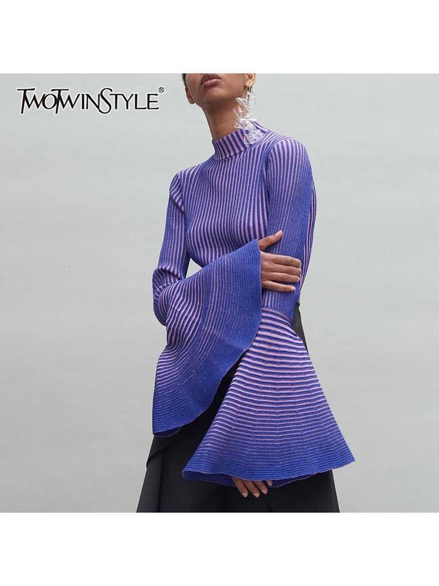 Women's Sweaters TWOTWINSTYLE Hit Color Spliced Striped Fashion Sweaters for Women Stand Neck Long Sleeves Patchwork Ruffles Sweater Female New