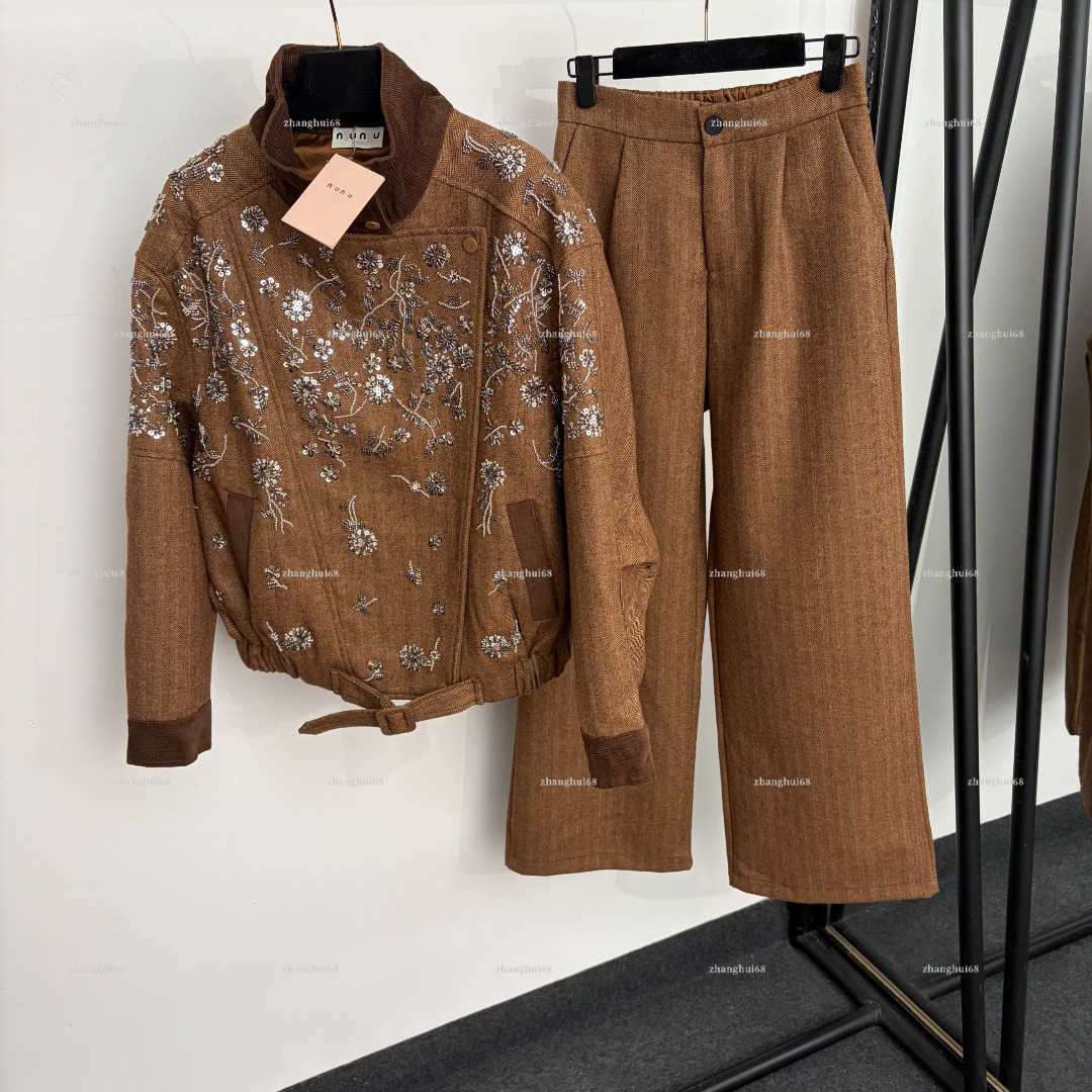 Fashion Sequin Beaded Floral Jacket High Waist Straight Trousers two Piece Set co ord women designer clothes Stand Collar Long Sleeve Coat Suit A792