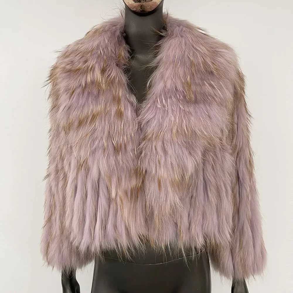 BLUENESSFAIR 2024 Autumn Winter Warm Turn-down Natural Raccoon Fur Woven Jacket Women Short Fur Coat Strtwear Outerwear M2609221
