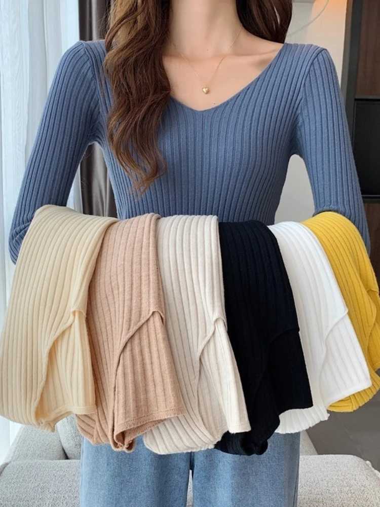 Women's Sweaters 2026 Solid Color Slim Pullovers Korean Autumn Winter V Neck Sweater Fashion Casual Long Sleeve Knitted Sweaters Women Clothes