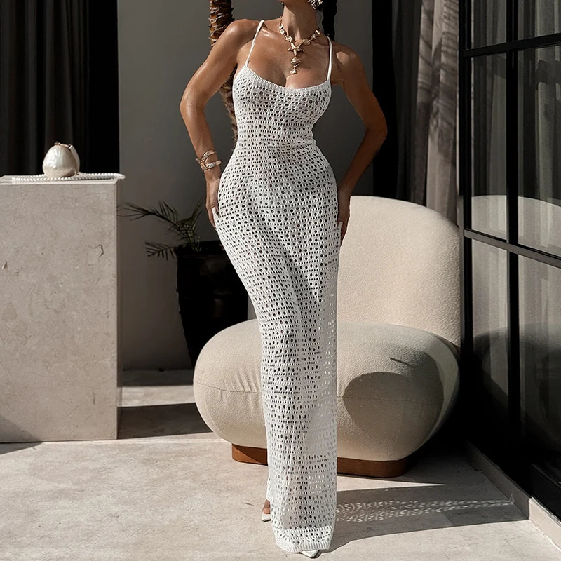 Beach Vacation Backless Tie Up Cover Up Dress Side Slit Knitted Hollow Out Slim Fit Slip Dress Plain Pattern Sexy Style 260918