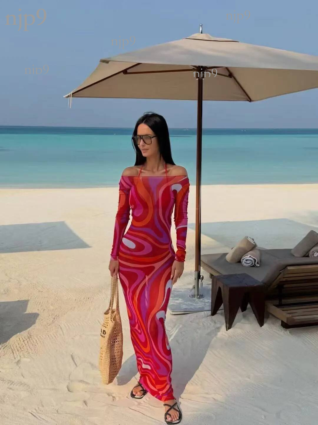 Sexy Bodycon Mesh Maxi Abstract Wave Print See Through Sleeve Slim Fit Nightclub Women Chic Curve Hugging Long Dress