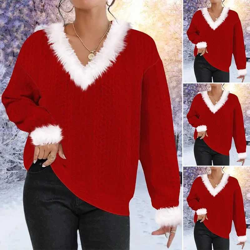 Women's Sweaters V Neck Knitted Jumpers Women Sweaters Christmas Pullovers Long sleeve Patchwork Spliced Slight Strech Casual 2025 Autumn D2609