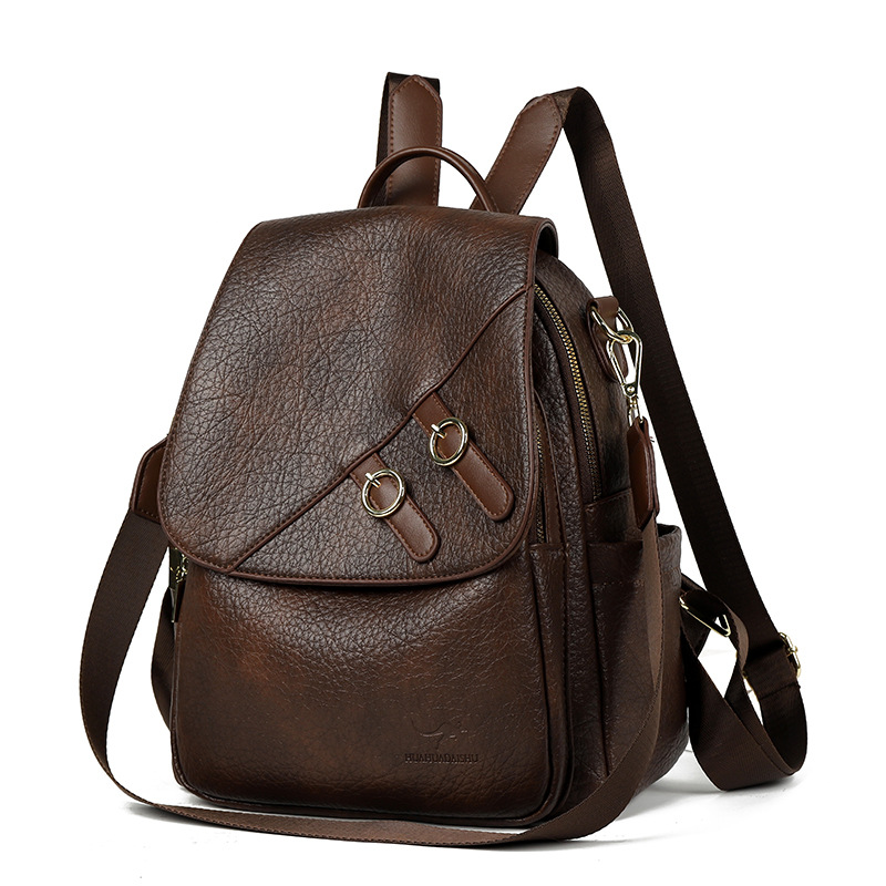 trendy Women Black Soft Faux Leather Backpack Metal Ring Decor Flip Cover Convertible Shoulder Strap Large Capacity Travel Bag