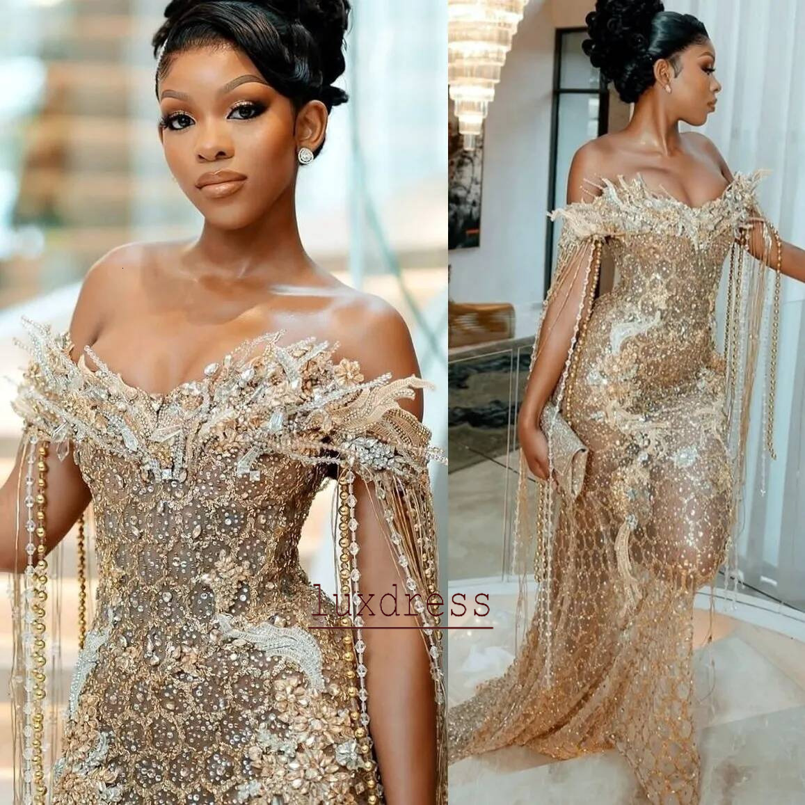 Gold Illusion Mermaid Prom Dresses Florals Crystals Sequined Evening Formal Party Second Birthday Engagement Gowns Plus Size Dress For Special Occas