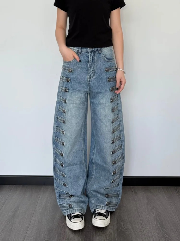 Pantaloni jeans impilati da donna larghi blu lavati con bottoni streetwear gotici Y2K per abiti da donna Pantaloni in denim dritti 260922
