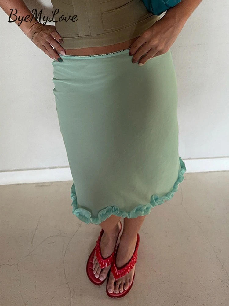 Women Y2K Mesh Midi Skirt Low Waist Ruffle Hem Slim Fit Solid Color Sheer MidCalf Casual Streetwear Holiday Party Summer w260923