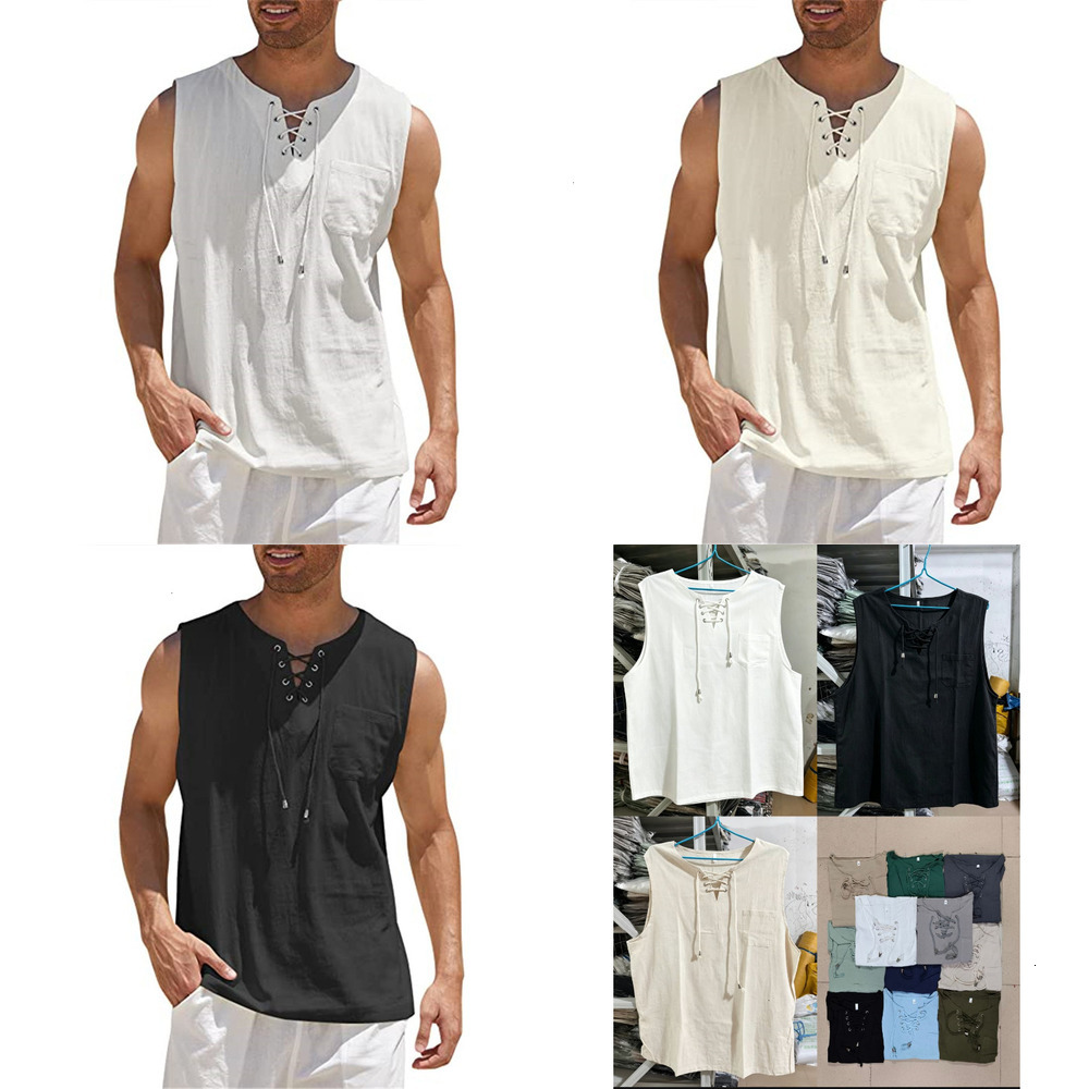 High quality 2026 Best-Selling New Product: Men's Vest Shirt with Tie, Fashionable Solid Color Cotton-Linen Short-Sleeve T-Shirt d5