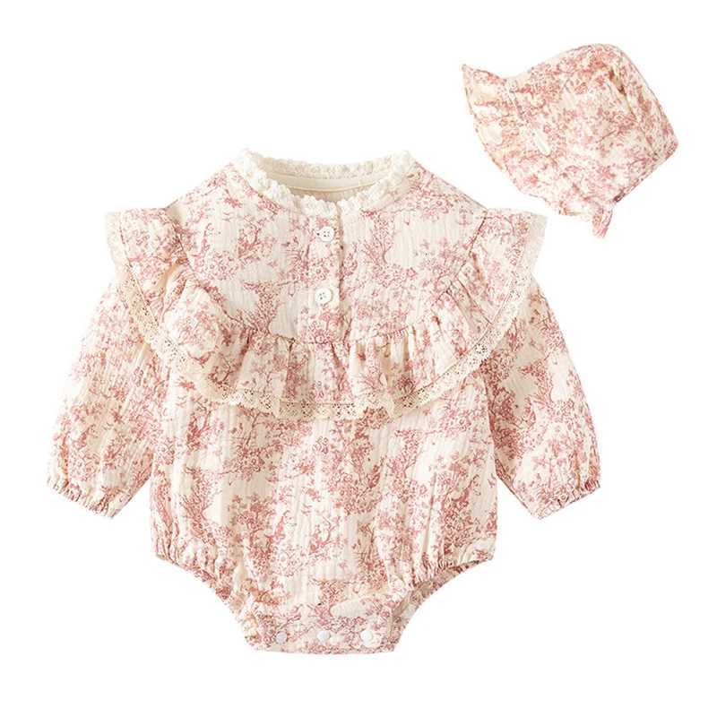 Rompers 2024 New Autumn 0-24M Children Clothes Korean Style Climbing Suit Long Sleeved Cotton Print Toddler Baby Girl Romper+Hat X260922