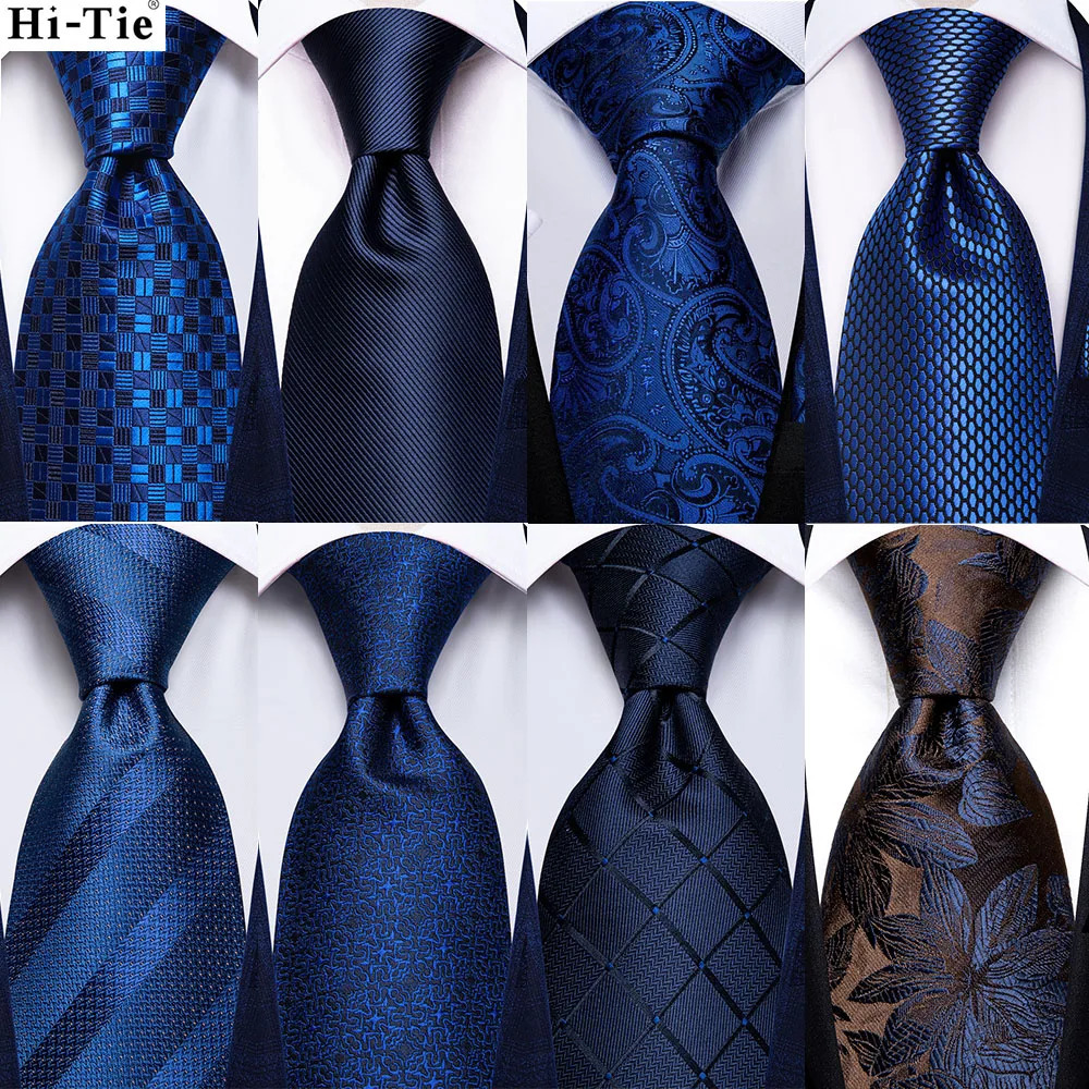 Hi-Tie Navy Blue Solid Paisley Silk Wedding Tie For Men Hanky Cufflink Mens Necktie Set Business Party Drop 260923